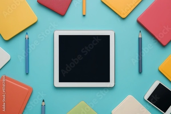 Fototapeta A central tablet surrounded by colorful notebooks and pens on a vibrant blue background.