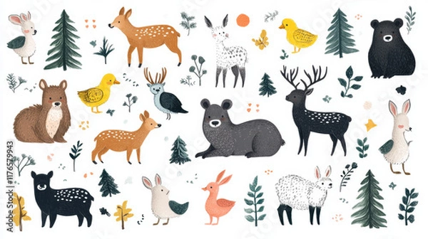 Obraz School timetable with wild animals, education vector schedule with deer, boar and black grouse, bear and elk, hare and duck. Daily lessons planner for children, educational time table cartoon template