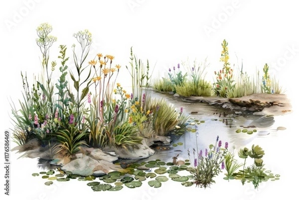 Fototapeta Serene wetland restoration project in harmonious tones of blue and green