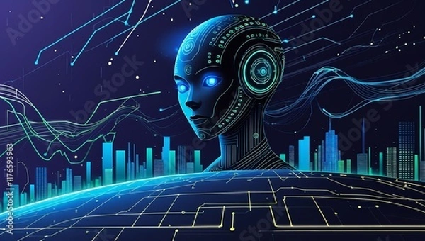 Fototapeta  3D Render, Visualization of a Man Wearing Virtual Reality Glasses, Electronic Head Device, Avatar, Virtual Data, Ultraviolet Grid, Neon Light. User Interface. Player One Ready for the Game.