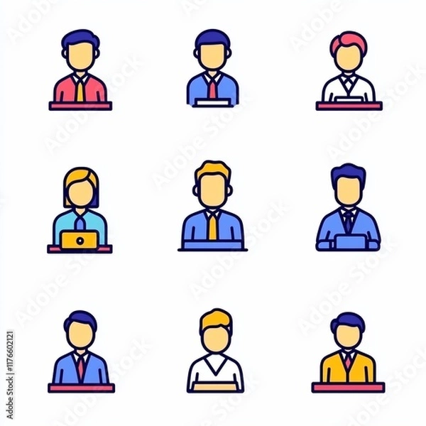 Fototapeta Vector illustration of various business people icons. Colorful, flat design of diverse professional figures, each with different attire and subtle expressions, suitable for presentations, 