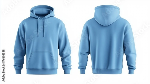 Fototapeta Sky blue hoodie mockup showing both front and back views 3D rendering of an empty crewneck hooded sweatshirt isolated for a loose overall fabric jumper. Generated by AI.