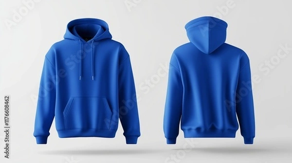 Fototapeta Blue hoodie mockup showing both front and back views 3D rendering of an empty crewneck hooded sweatshirt isolated for a loose overall fabric jumper. Generated by AI.