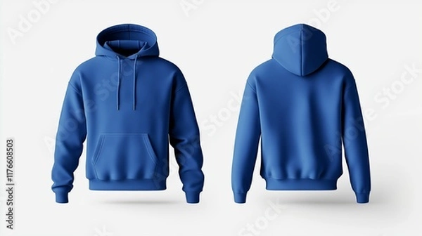 Fototapeta Blue hoodie mockup showing both front and back views 3D rendering of an empty crewneck hooded sweatshirt isolated for a loose overall fabric jumper. Generated by AI.