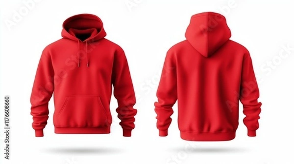 Fototapeta Red hoodie mockup showing both front and back views 3D rendering of an empty crewneck hooded sweatshirt isolated for a loose overall fabric jumper. Generated by AI.