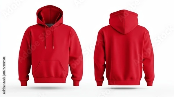 Fototapeta Red hoodie mockup showing both front and back views 3D rendering of an empty crewneck hooded sweatshirt isolated for a loose overall fabric jumper. Generated by AI.