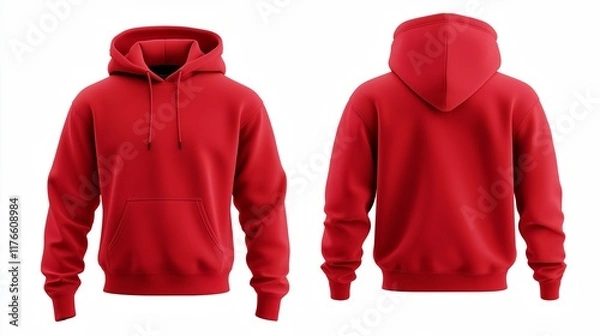 Fototapeta Red hoodie mockup showing both front and back views 3D rendering of an empty crewneck hooded sweatshirt isolated for a loose overall fabric jumper. Generated by AI.
