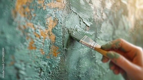 Obraz Close up of a hand holding a paintbrush, painting green strokes on a textured canvas. AI generative. .