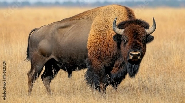 Fototapeta Powerful bison roaming freely across an open prairie a symbol of the American West s untamed strength and natural grandeur