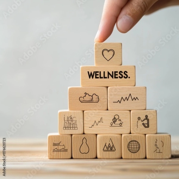 Obraz A creative arrangement of wooden blocks highlighting key aspects of wellness, emphasizing health, balance, and well-being.