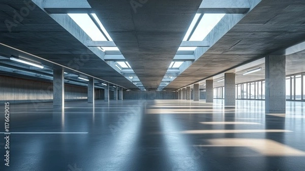 Fototapeta Empty concrete parking garage, sunlight through skylights.
