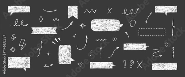 Obraz Set of text boxes, lightning, exclamation, cross and speech bubbles with crayon or chalk texture. Outline frames and arrows. Japan handwritten illustration on a black background.