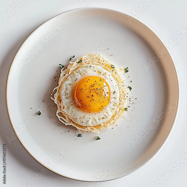 Fototapeta A white plate with a delicious and mouthwatering traditional Iranian-style fried egg, cooked to perfection with a golden, slightly runny yolk and crispy, flavorful edges. white background