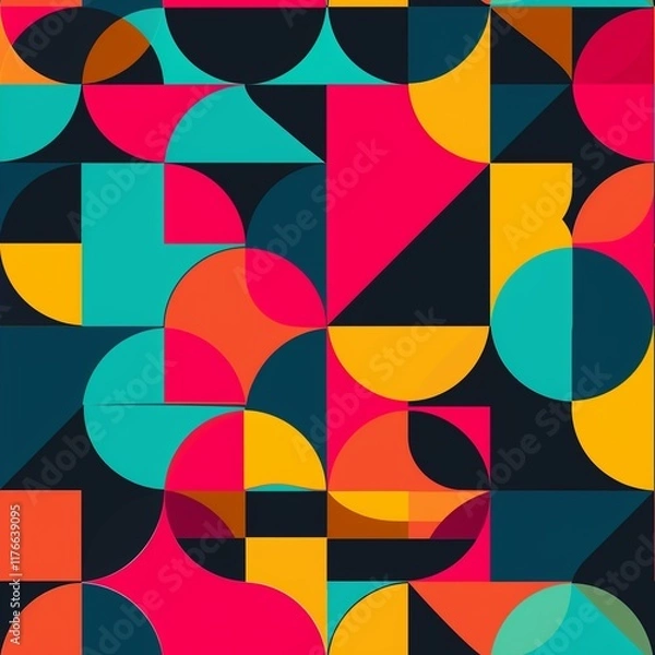 Fototapeta geometric graphic design, circle, triangle, line segment, pattern, vibrant color, seamless pattern.