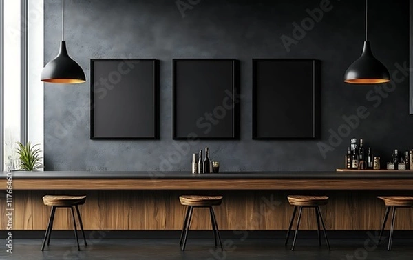 Obraz Empty bar interior with three blank posters.