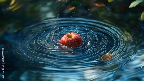 Fototapeta An apple splashes into water, creating ripples and droplets in a serene environment.