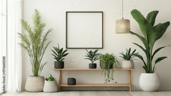 Obraz Scandinavian room interior with mock up photo frame on the brown bamboo shelf with beautiful plants in differents hipster and design pots. White walls. Modern and floral concept of shelfs.