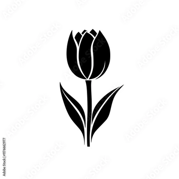Fototapeta Minimalist Black and White Tulip Illustration, A simple black and white illustration of a tulip flower with leaves and stem, showcasing an elegant and minimal floral design.


