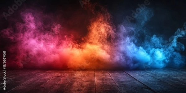Fototapeta Dark background with bright, colorful smoke that rises in clubs upwards.
