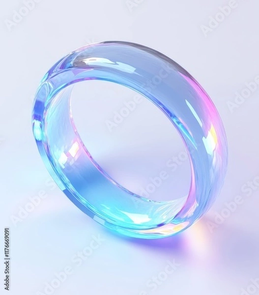 Fototapeta A circular glass ring, with light blue and rainbow colors, in an isometric view, on a white background, with studio lighting.