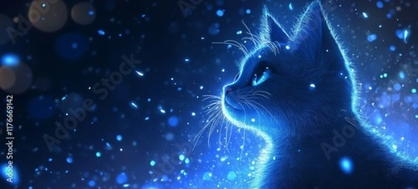 Fototapeta A cat with glowing blue fur and ears is looking up at the night sky, surrounded by twinkling stars.