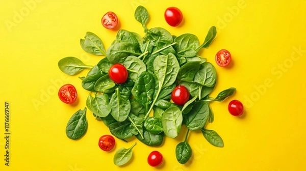 Fototapeta A playful arrangement of spinach salad toppings into the shape of a sun, isolated on a bright yellow background