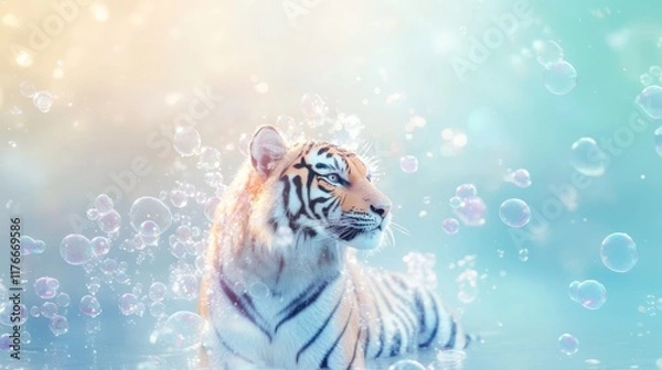 Obraz Artistic illustration of a tiger in large size against a background of flying, airborne soap bubbles. 