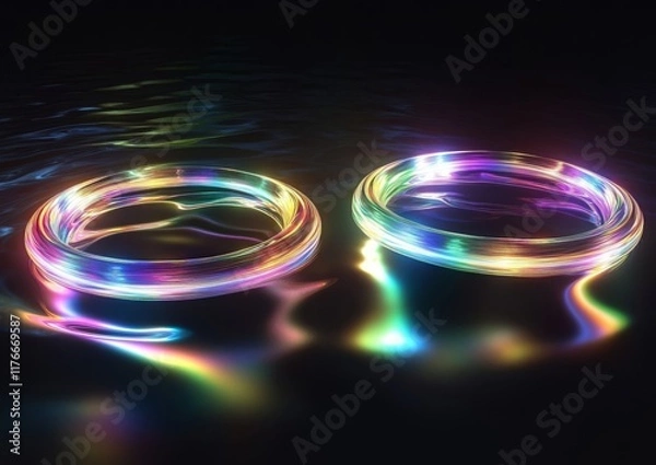 Fototapeta Two glass rings with rainbow light refractions on a black background.