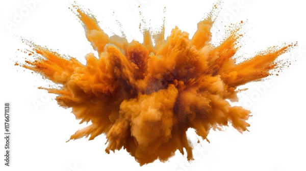 Fototapeta Explosion forming a cloud of orange smoke on transparent background. 