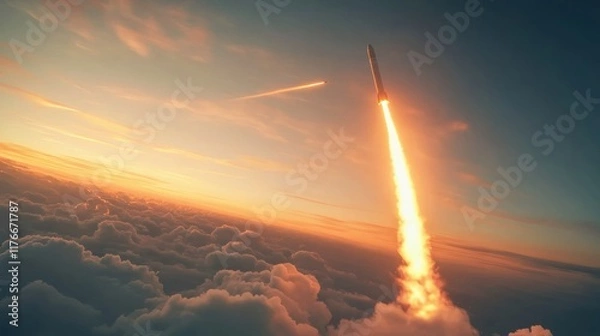 Fototapeta Rocket Launch at Dusk with Smoke Trail in Minimalist Composition
