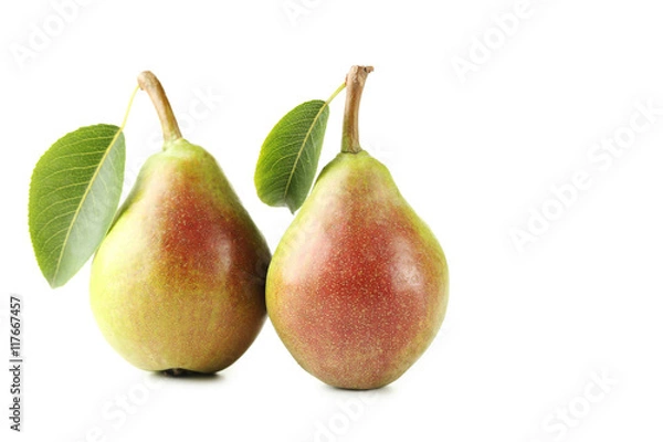 Fototapeta Ripe pear with leaf isolated on a white