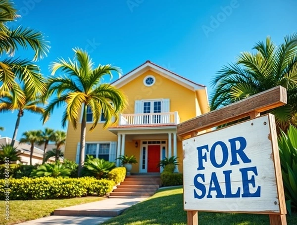 Obraz A cheerful yellow house surrounded by palm trees, with a for-sale sign in front indicating real estate opportunities in a tropical and sunny neighborhood.
