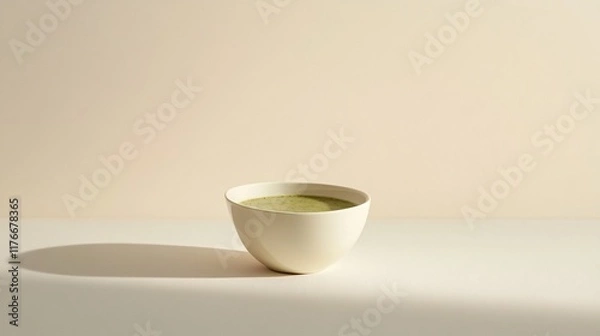 Fototapeta A minimalist white bowl filled with broccoli soup, isolated on a clean beige background with subtle highlights