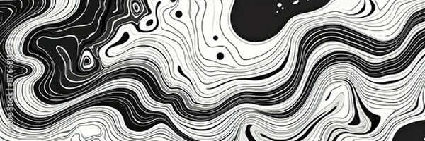 Fototapeta Abstract monochrome topographic lines pattern with floating organic shapes