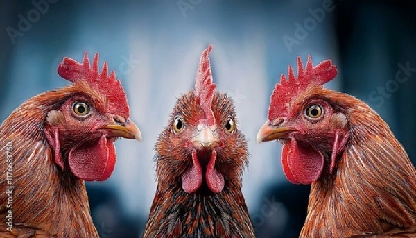 Fototapeta three animated chickens looking at each other confused