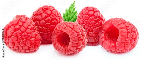 Fototapeta Five ripe raspberries in a line with green leaf isolated on white background with clipping path