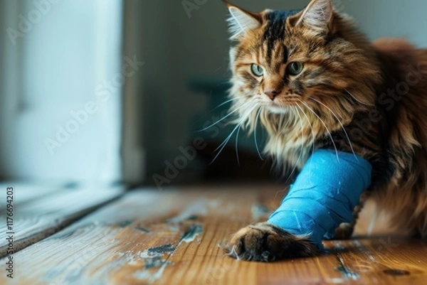 Fototapeta Bandage on front broken leg of a tabby kitten or a injured leg of a cat