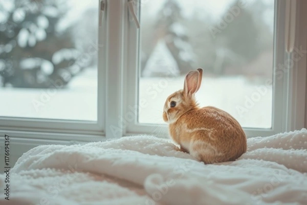 Fototapeta white rabbit sitting on a single seater sofa, minimalist room, white window curtains,
