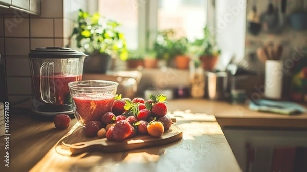 Fototapeta A kitchen scene featuring fresh berries and blender ready to create a smoothie