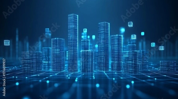 Fototapeta Digital Cityscape Illuminated By Network Connections