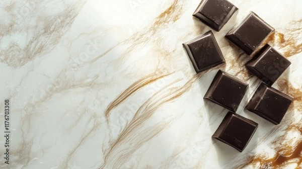 Fototapeta Dark chocolate squares with caramel on marble with copy space
