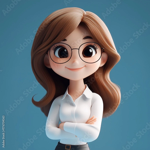 Obraz Friendly animated character with glasses and long hair, smiling confidently against a blue background