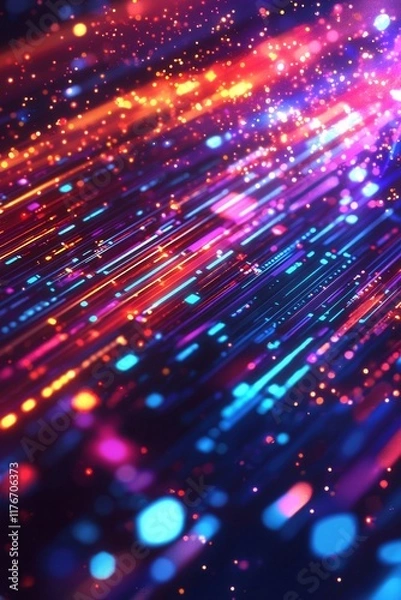 Fototapeta Digital data flowing in motion, glowing lines of code, pixelated effects for cyber background. 