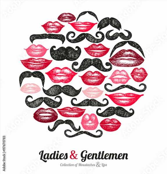 Fototapeta Collection of moustaches and lips