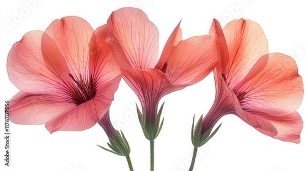 Fototapeta Three coral-pink flowers with visible veins and stems, isolated on white background.