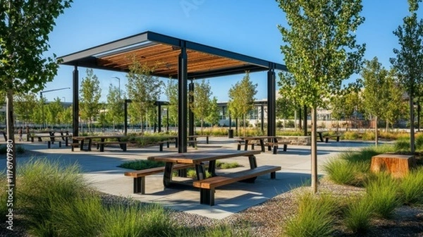 Obraz Modern picnic area, shaded tables, landscaped setting.