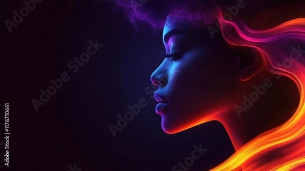 Obraz A vibrant profile of a woman with colorful light trails, showcasing beauty and creativity.