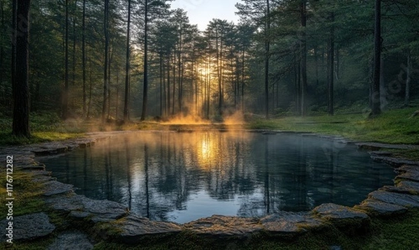 Fototapeta Sunrise mist over tranquil forest pool.