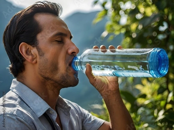 Fototapeta a man is drinking bottled water
