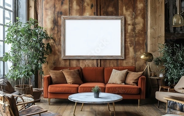Fototapeta Blank frame mockup in rustic living room with plants.